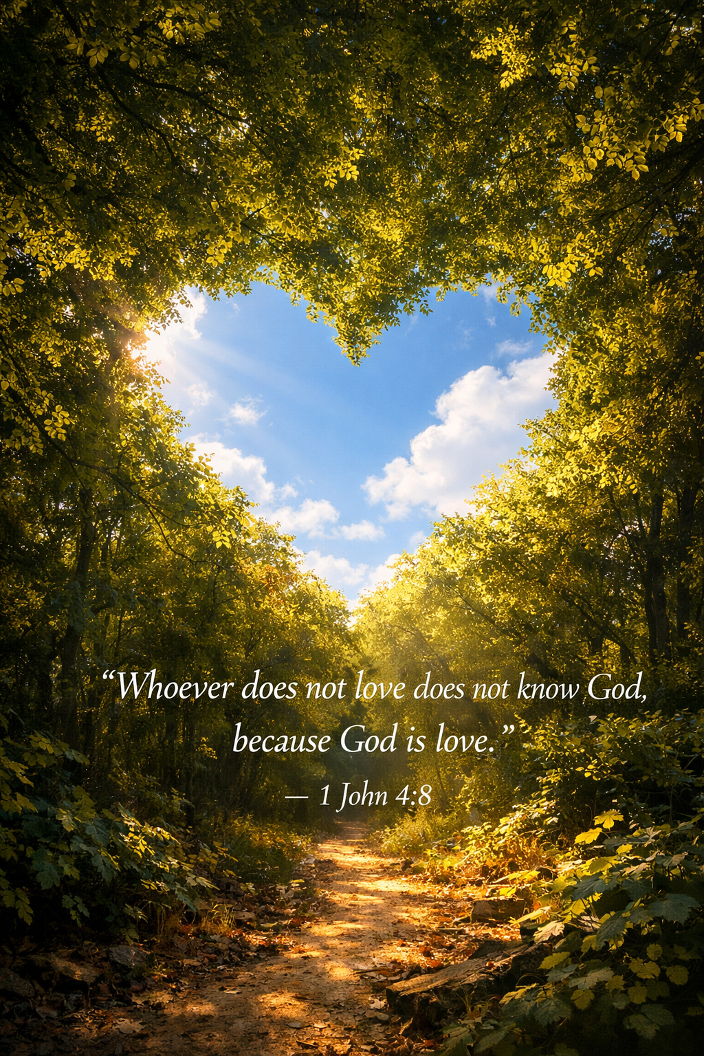 1 John 4:8 Bible verse phone wallpaper - Whoever does not love does not know God because God is love - heart-shaped opening in golden forest canopy with sunlight